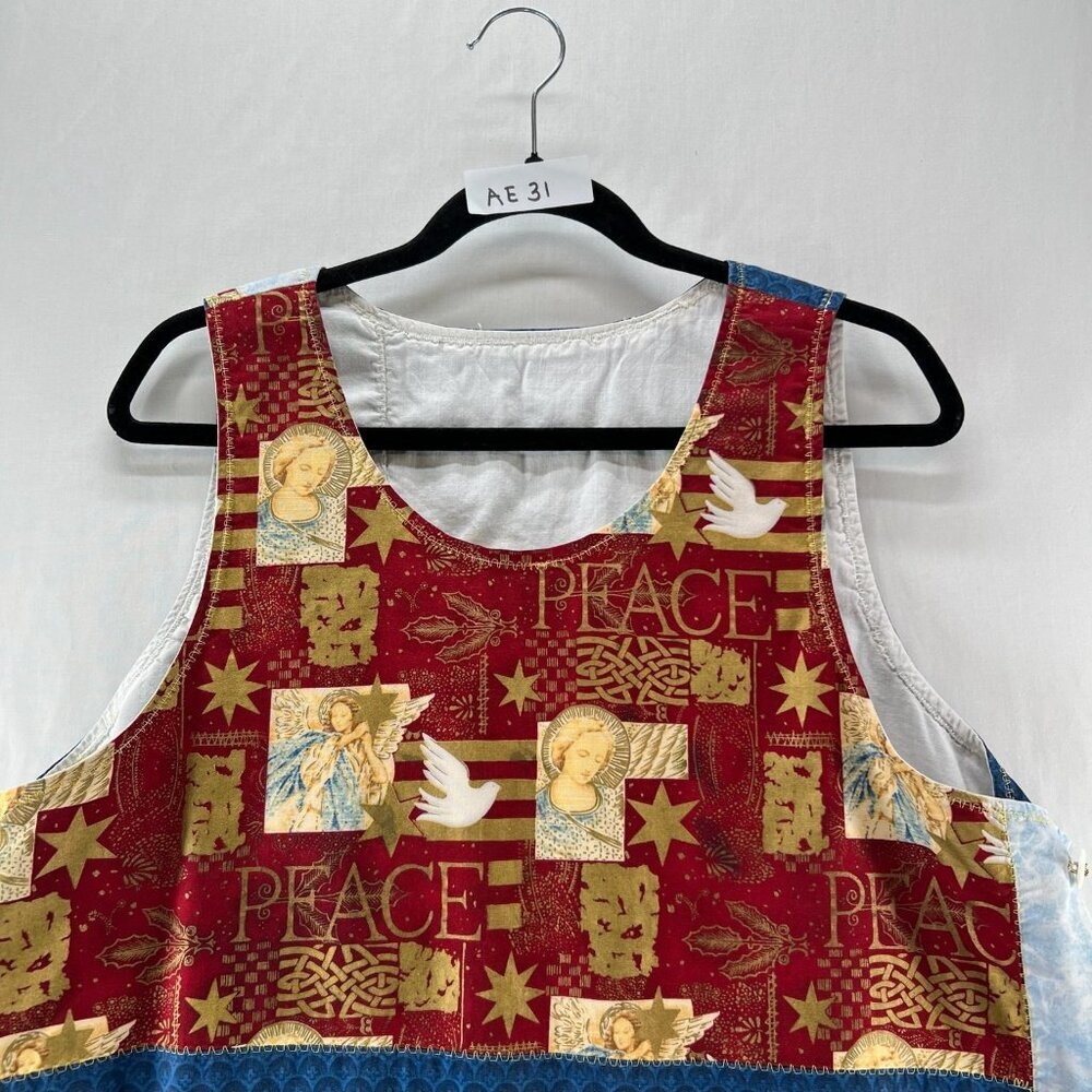 Handmade Upcycled Patchwork Vest Womens Angel Dove Peace Print Crop Top Blue Red - Picture 10 of 10